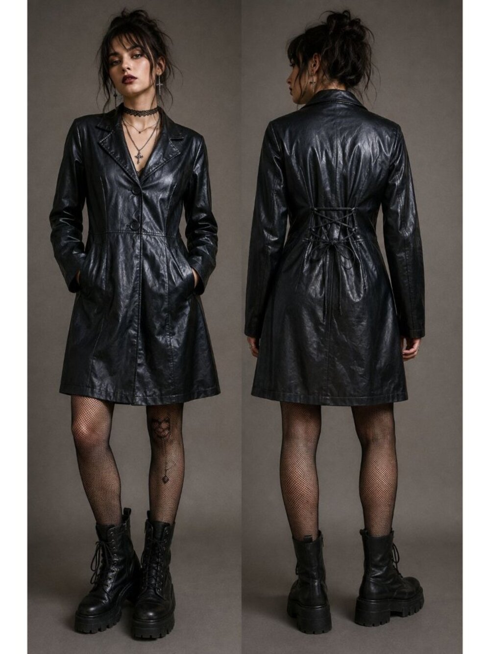 90s Black Faux Leather Witchy Goth Grunge Trench Coat Jacket Womens M